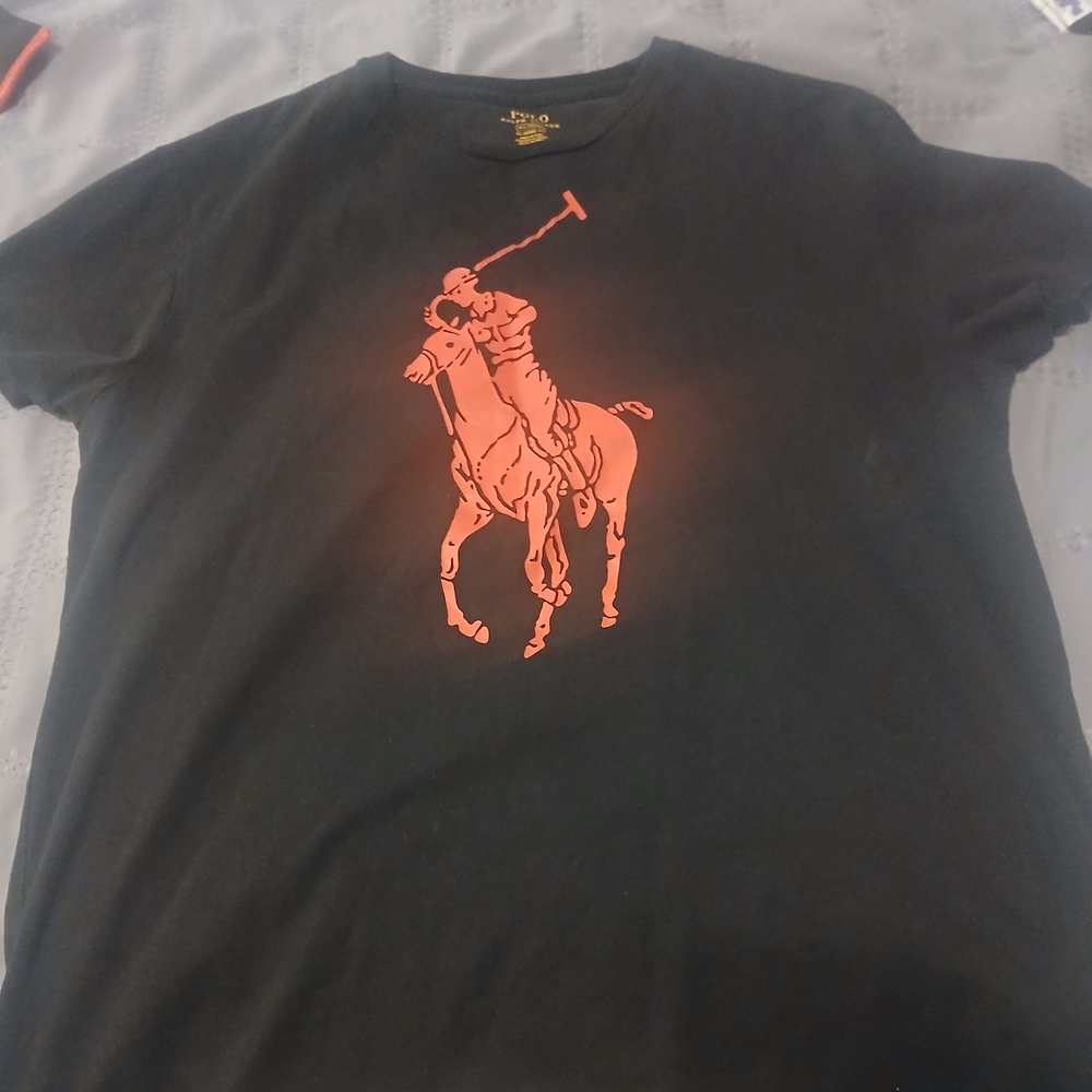 Ralph Lauren Black T‑Shirt with Bright Coral Polo Player Graphic